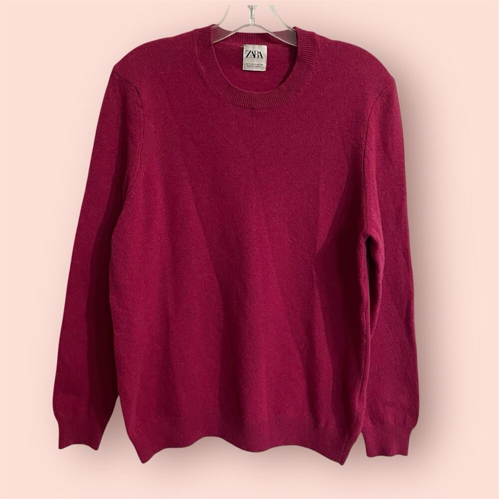 ZARA Sweater Men Size Small Pink Crewneck Wool Blend Classic Preppy Academia